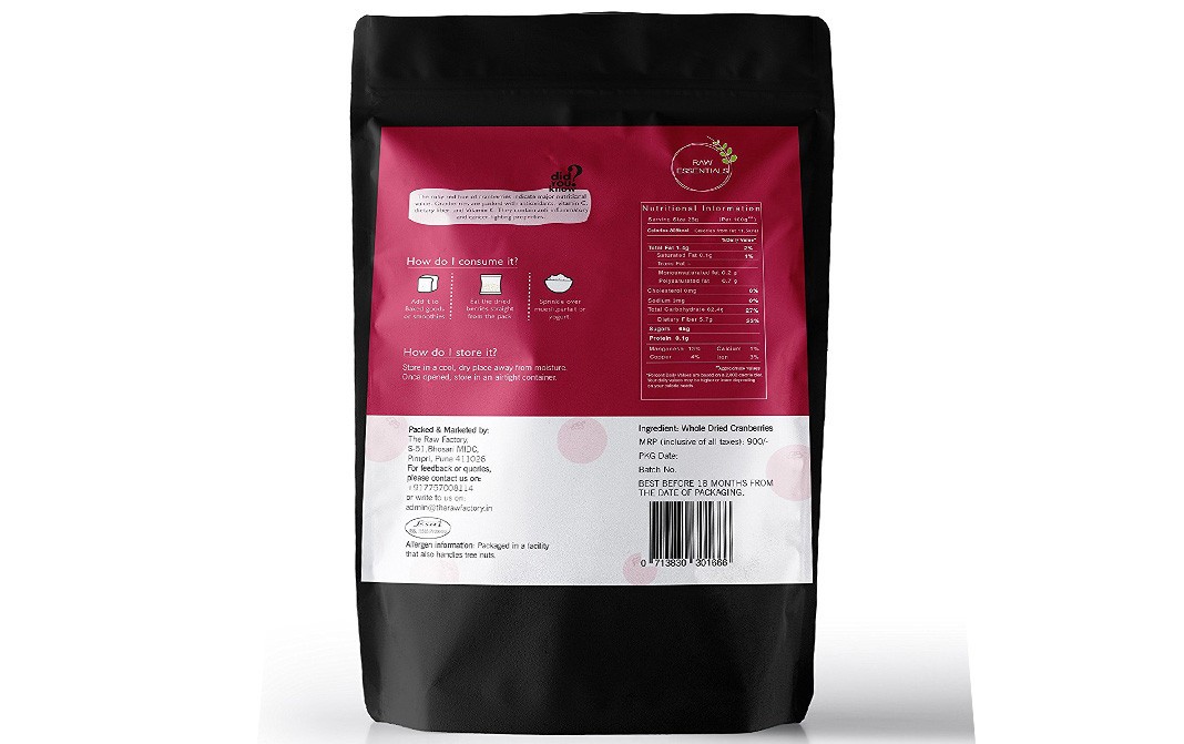 Raw Essentials Dried Cranberries    Pack  500 grams